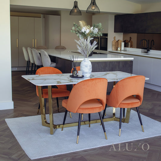 Loki 1.8m Gold Dining Set – Cream Sintered Stone Table with 4/6 Bjorn Rust Velvet Chairs