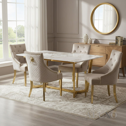 Loki 1.8m Gold Dining Set – Cream Sintered Stone Table with 4/6 Henrik Beige Velvet Chairs