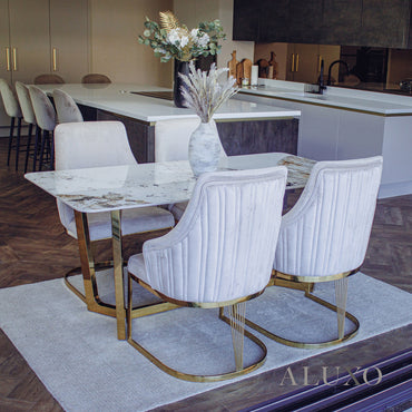 Loki 1.8m Rectangular Gold Dining Set – Cream Sintered Stone Table with 4/6 Olivia Velvet Chairs