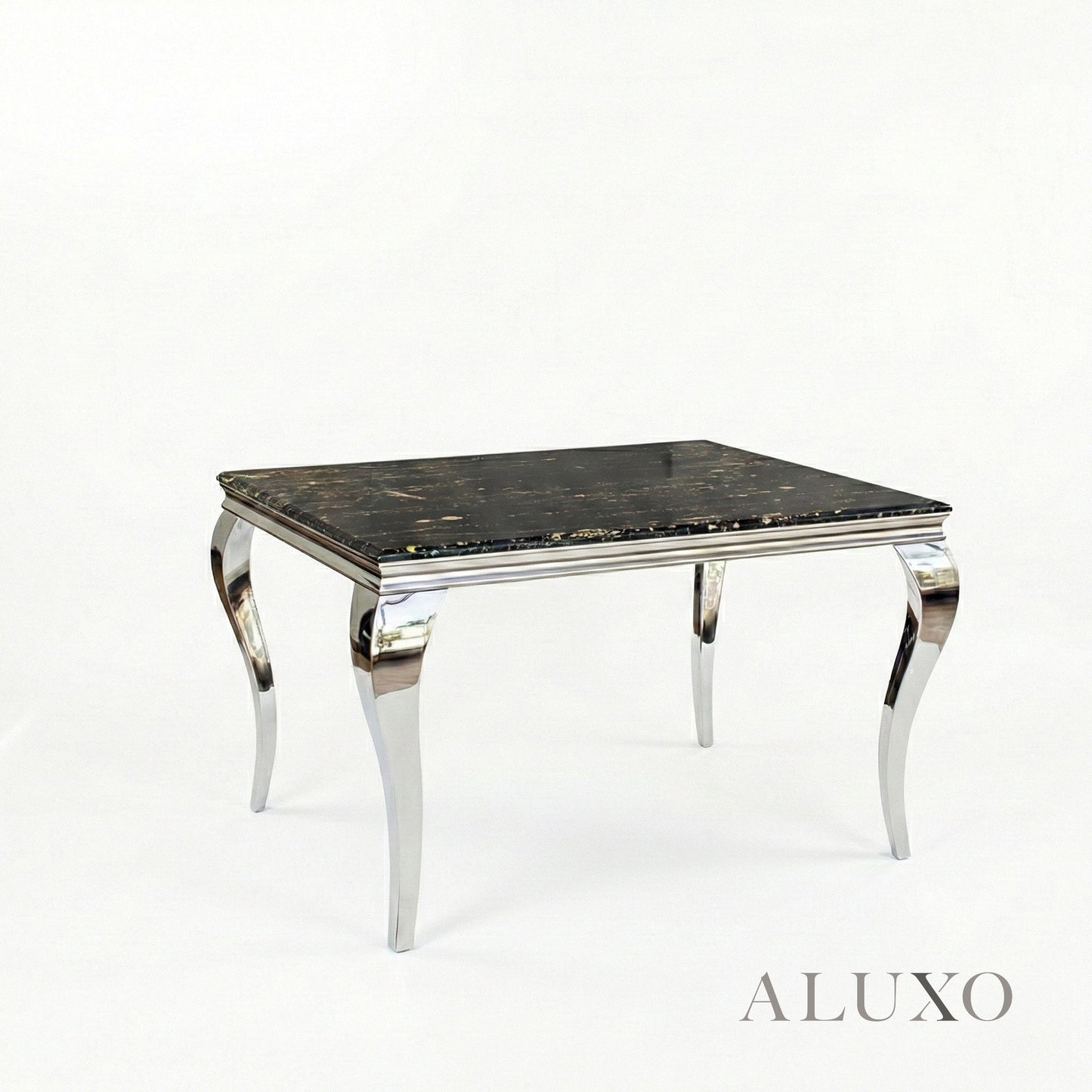 Lorens 1m Square Black & Gold Marble Chrome Dining Table with 4 Niklas Leather Chairs