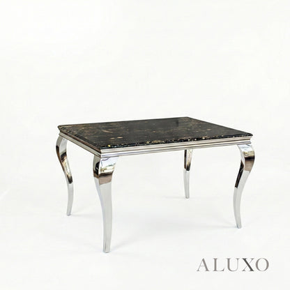 Lorens 1m Square Black & Gold Marble Chrome Dining Table with 4 Niklas Leather Chairs