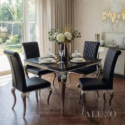 Lorens 1m Square Black & Gold Marble Chrome Dining Table with 4 Niklas Leather Chairs