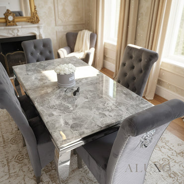 Lorens 1.5m Light Grey Marble Dining Table with 4/6 Einar Grey Velvet Chairs