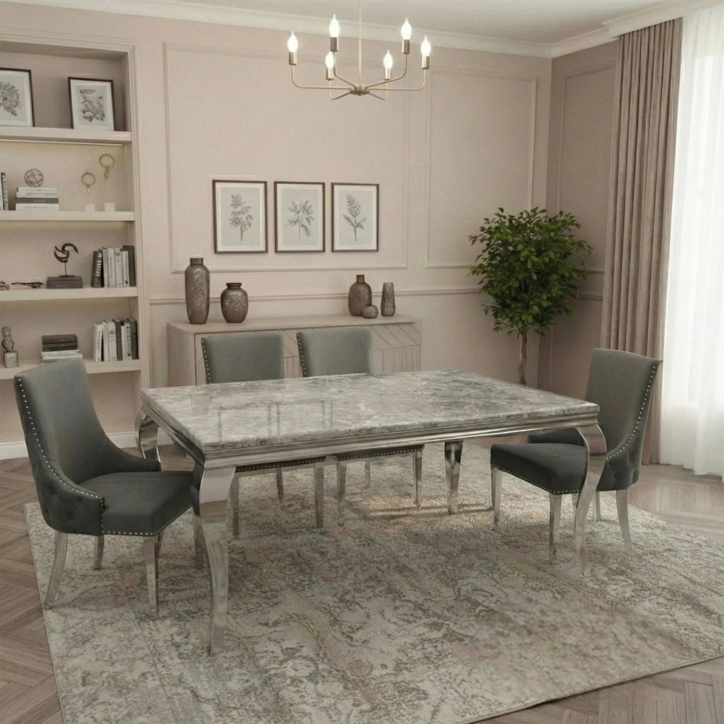 Luxury  Lorens 1.5m Light Grey Marble Dining Set Table With Oskar Button Back Velvet Chairs