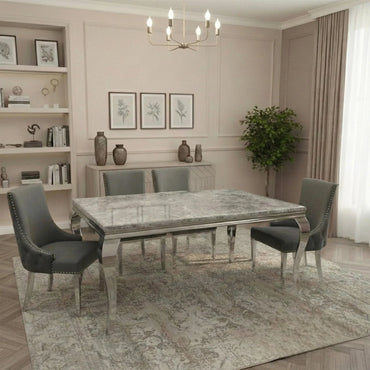Luxury  Lorens 1.5m Light Grey Marble Dining Set Table With Oskar Button Back Velvet Chairs