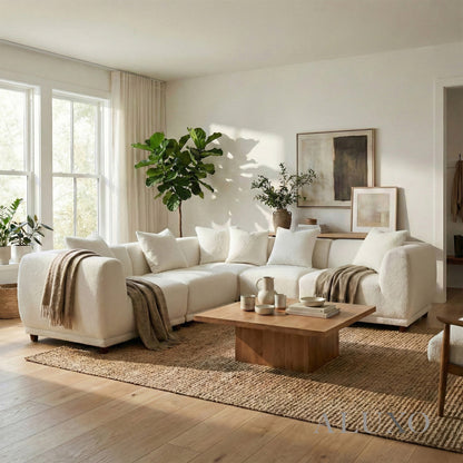 ALUXO® Lottie Modular Corner Sofa Set with Footstool – Polar White Bouclé