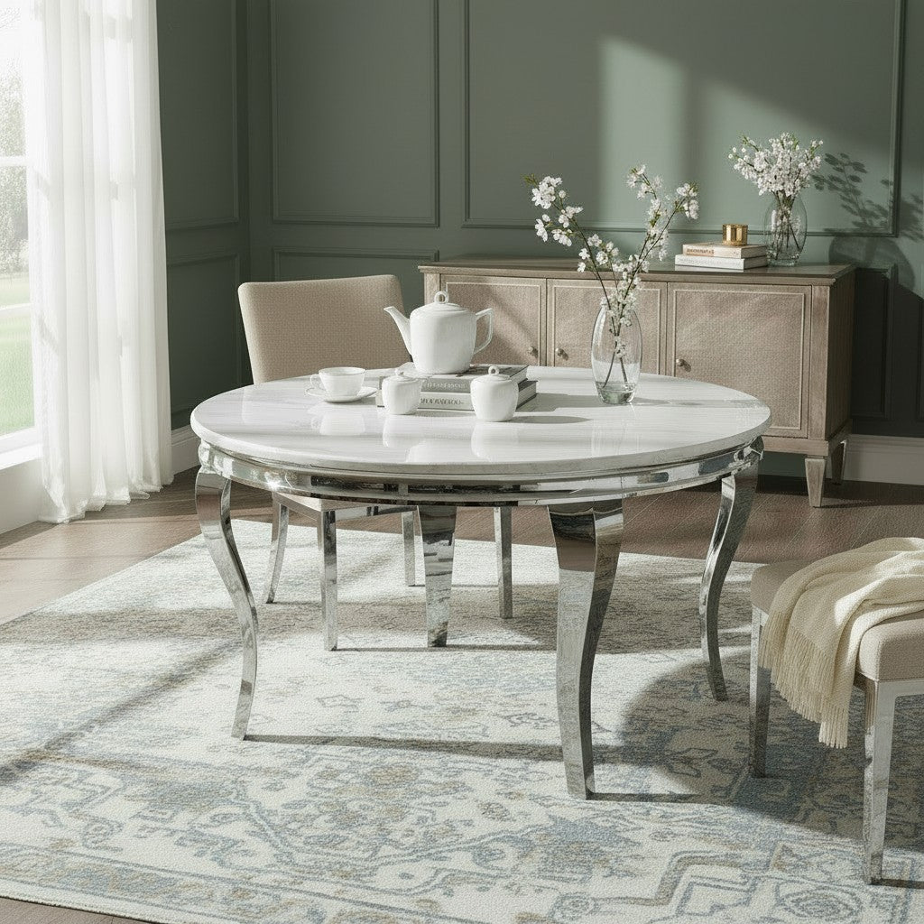 Louis 1.3m Round Chrome Dining Table With Polar White Sintered Stone