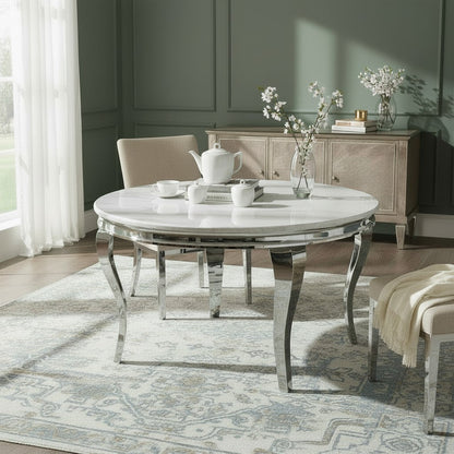 Louis 1.3m Round Chrome Dining Table With Polar White Sintered Stone