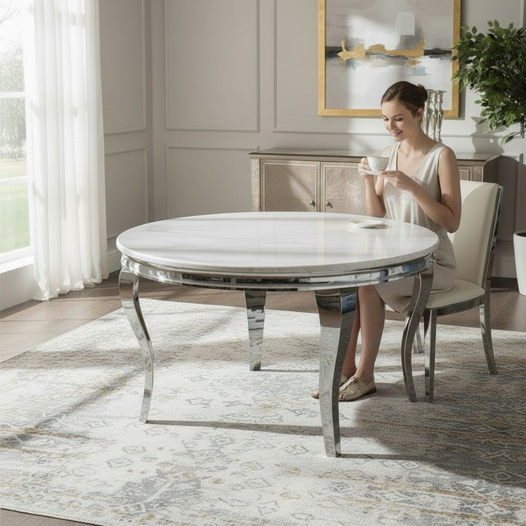 Louis 1.3m Round Chrome Dining Table With Polar White Sintered Stone