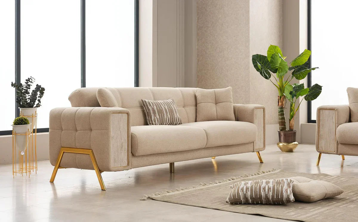 The Lux Premium 3+2 Cream Gold Velvet Sofa Bed Set