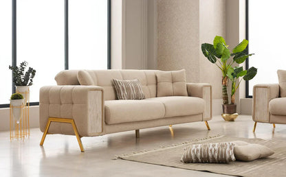 The Lux Premium 3+2 Cream Gold Velvet Sofa Bed Set