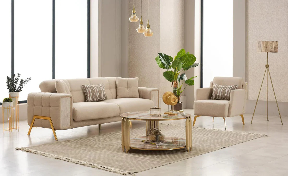 The Lux Premium 3+2 Cream Gold Velvet Sofa Bed Set