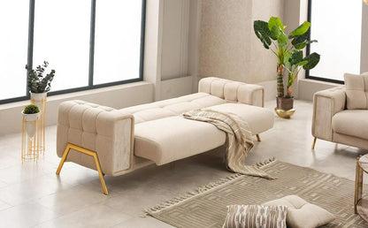 The Lux Premium 3+2 Cream Gold Velvet Sofa Bed Set