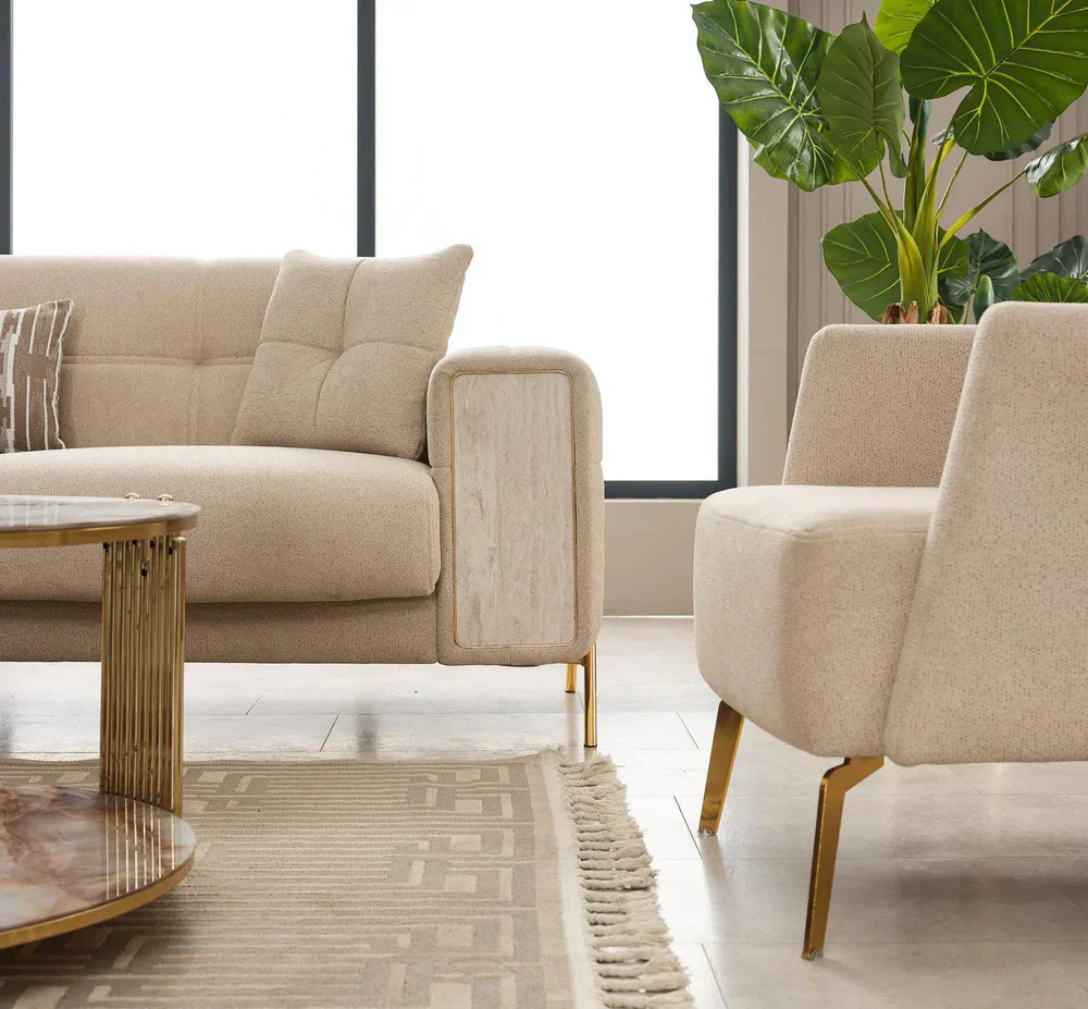 The Lux Premium 3+2 Cream Gold Velvet Sofa Bed Set