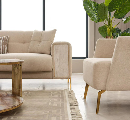 The Lux Premium 3+2 Cream Gold Velvet Sofa Bed Set