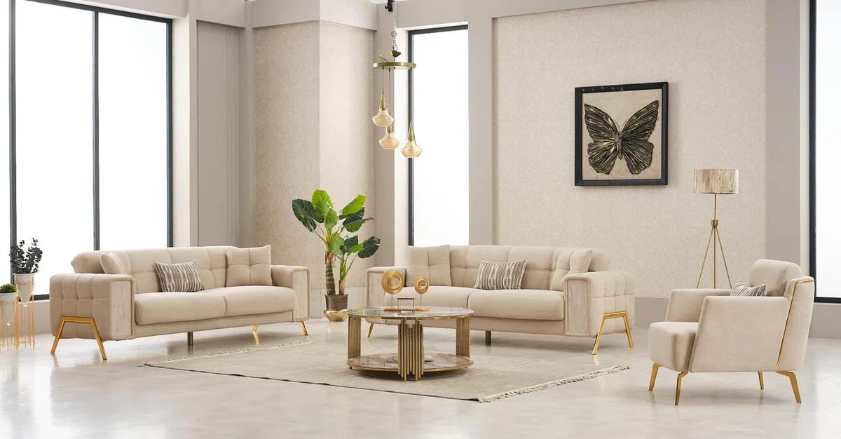 The Lux Premium 3+2 Cream Gold Velvet Sofa Bed Set