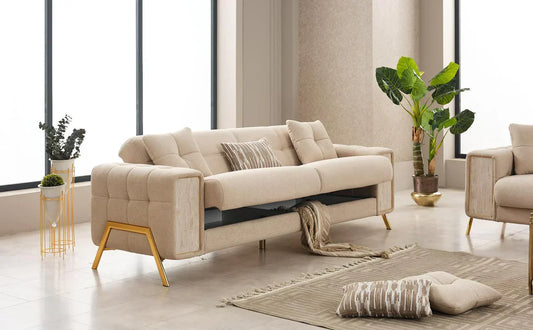 The Lux Premium 3+2 Cream Gold Velvet Sofa Bed Set
