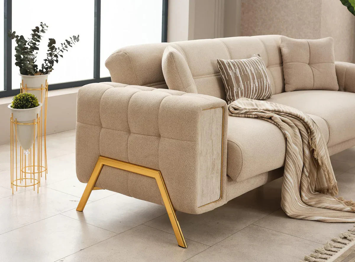 The Lux Premium 3+2 Cream Gold Velvet Sofa Bed Set
