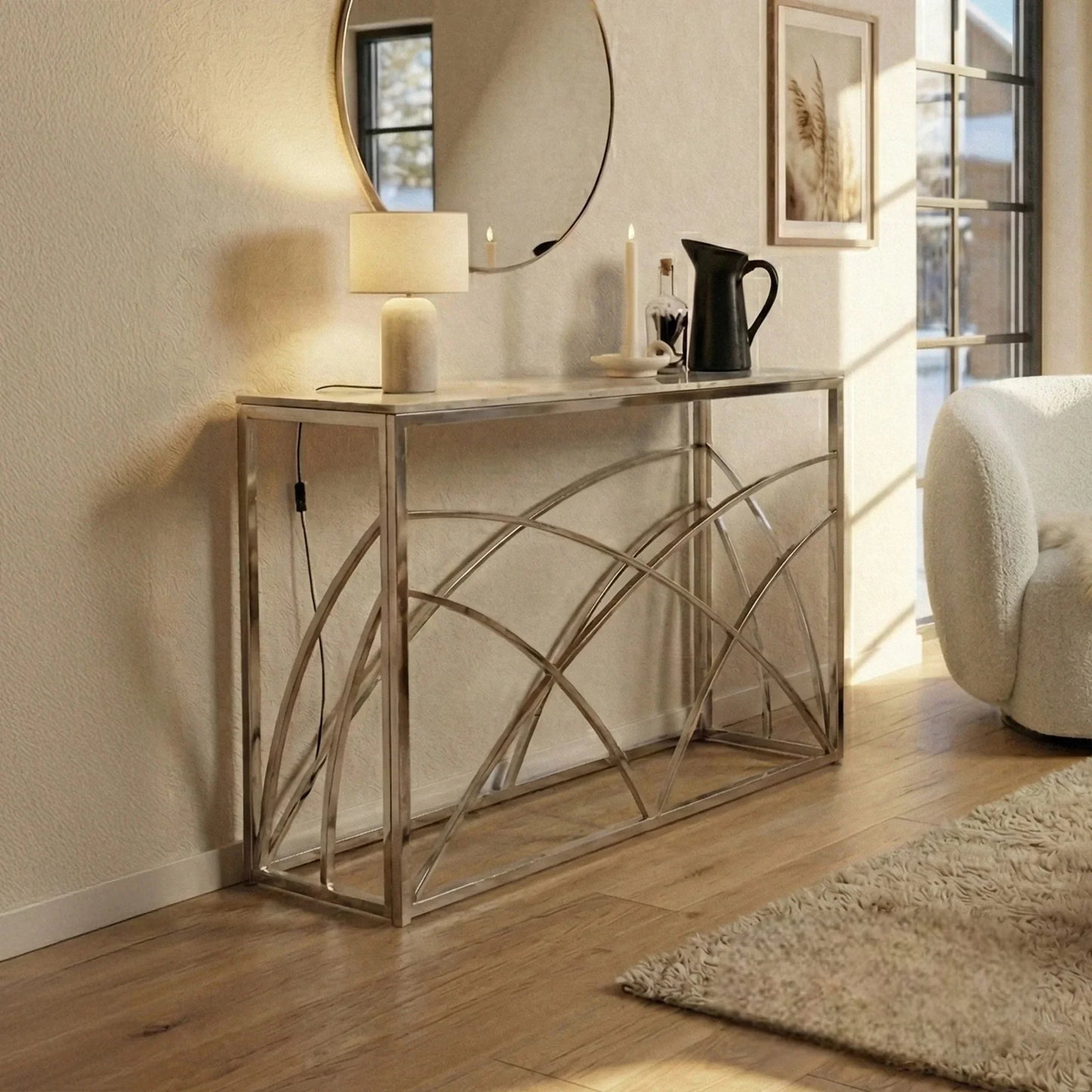 Luxury Arisa Modern Design Chrome Console Table With 120x40cm Stomach Ash Grey Stone Top