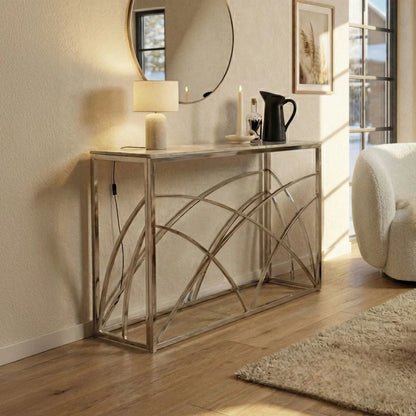 Luxury Arisa Modern Design Chrome Console Table With 120x40cm Stomach Ash Grey Stone Top