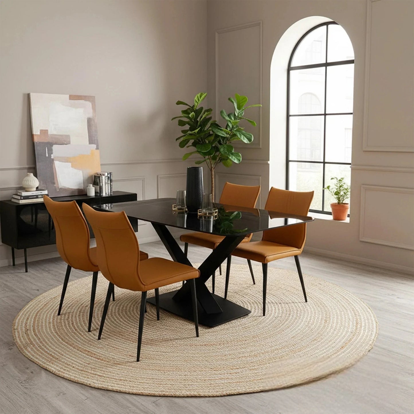 Luxury Arvid 1.6m Black Sintered Stone Dining Set Table With Tan Folke Leather Chairs