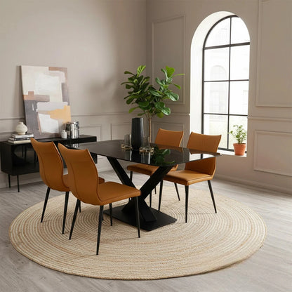 Luxury Arvid 1.6m Black Sintered Stone Dining Set Table With Tan Folke Leather Chairs