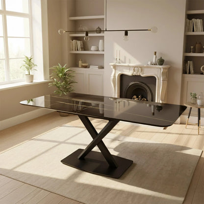 Luxury Arvid 160cm Slimline Oval-Rectangle Black Sintered Stone Dining Table Metal X Leg Stand