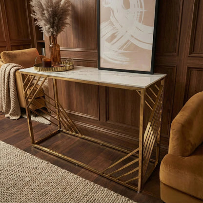 Luxury Asuka Slim Design Gold Console Table With 120x40cm Polar White Stone Top