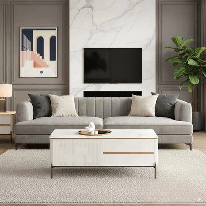 Luxury Bengt 130cm Ribbed Coffee Table With White Stone Top And 2 Drawers