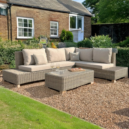 Luxury Capri Outdoor Large Corner Sofa Set In Beige Rattan Effect With Glass Coffee Table