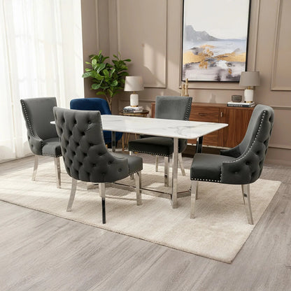 Luxury Loki 1.6m White Sintered Stone Chrome Dining Set Table With Oskar Dark Grey Velvet Chairs
