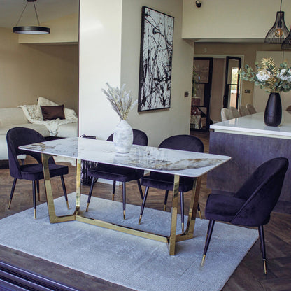 Luxury  Loki 1.8m Gold Dining Set Cream Sintered Stone Table With Bjorn Black Velvet Chairs