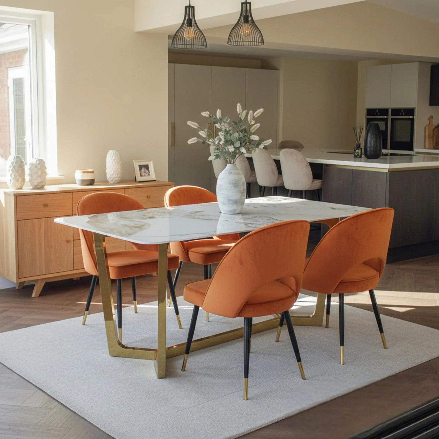 Luxury  Loki 1.8m Gold Dining Set Cream Sintered Stone Table With Bjorn Rust Velvet Chairs