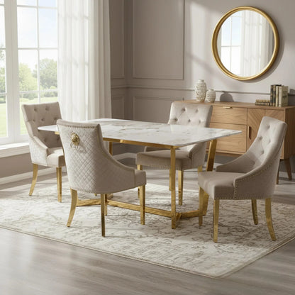 Luxury Loki 1.8m Gold Dining Set Cream Sintered Stone Table With Henrik Beige Velvet Chairs