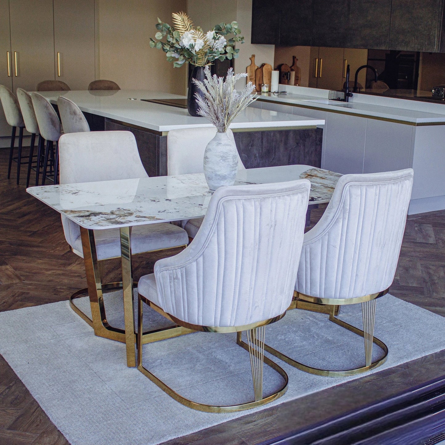 Luxury Loki 1.8m Rectangular Gold Dining Set Cream Sintered Stone Table With Olivia Velvet Chairs