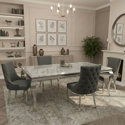 Luxury  Lorens 1.5m Light Grey Marble Dining Set Table With Oskar Button Back Velvet Chairs