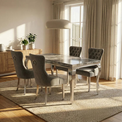 Luxury Lorens 1.5m Light Grey Marble Dining Set Table With Megan Ring Knocker Velvet Chairs