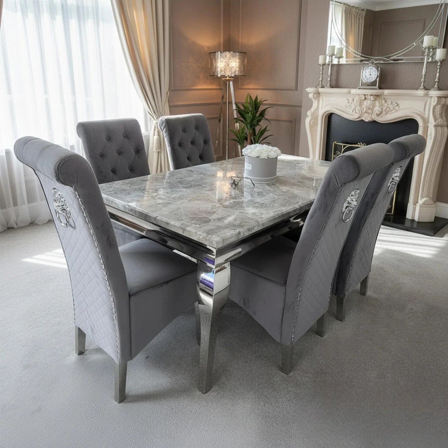 Luxury Lorens 1.5m Light Grey Marble Dining Set Table With  Einar Grey Velvet Chairs