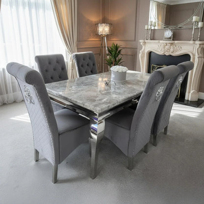 Luxury Lorens 1.5m Light Grey Marble Dining Set Table With  Einar Grey Velvet Chairs