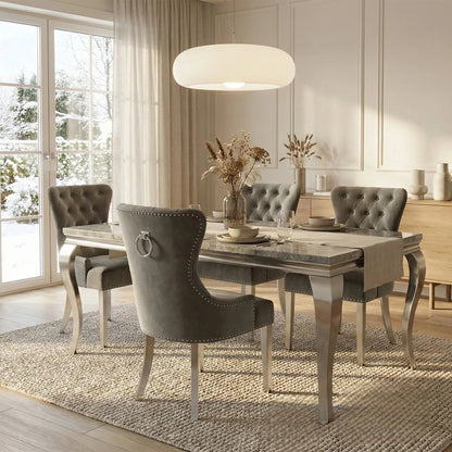 Luxury Lorens 1.8m Light Grey Marble Chrome Dining Set Table With Megan Dark Grey Velvet Chairs