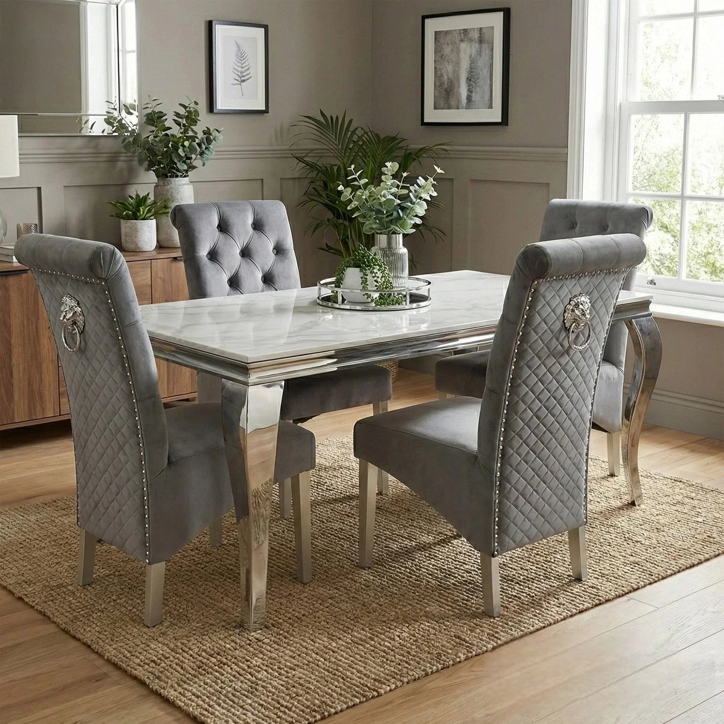 Luxury  Lorens 1.8m White Marble Chrome Dining Set Table With Einar Dark Grey Velvet Chairs