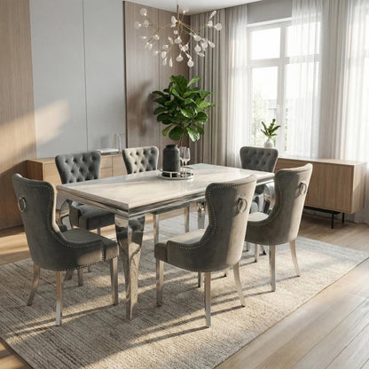 Luxury  Lorens 1.8m White Marble Chrome Dining Set Table With Megan Dark Grey Velvet Chairs