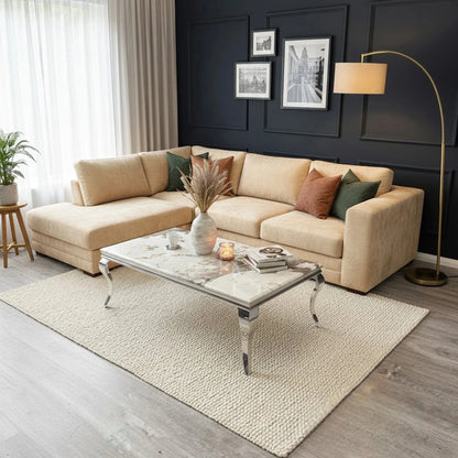 Luxury Lorens 130cm Chrome Coffee Table With Cream/Beige Marble Top And Curved Leg Design