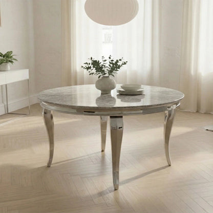 Luxury Lorens 130cm Round White Marble Dining Table With Chrome 4-Leg Base