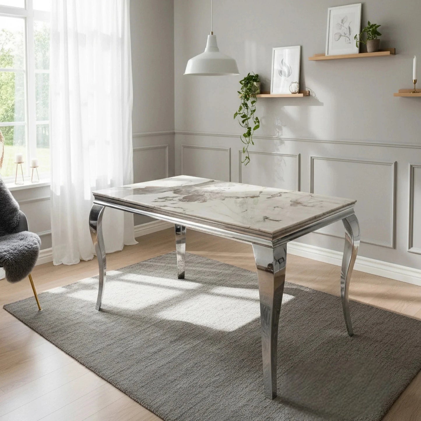 Luxury Lorens 160cm Marble Dining Table With Chrome 4-Leg Base