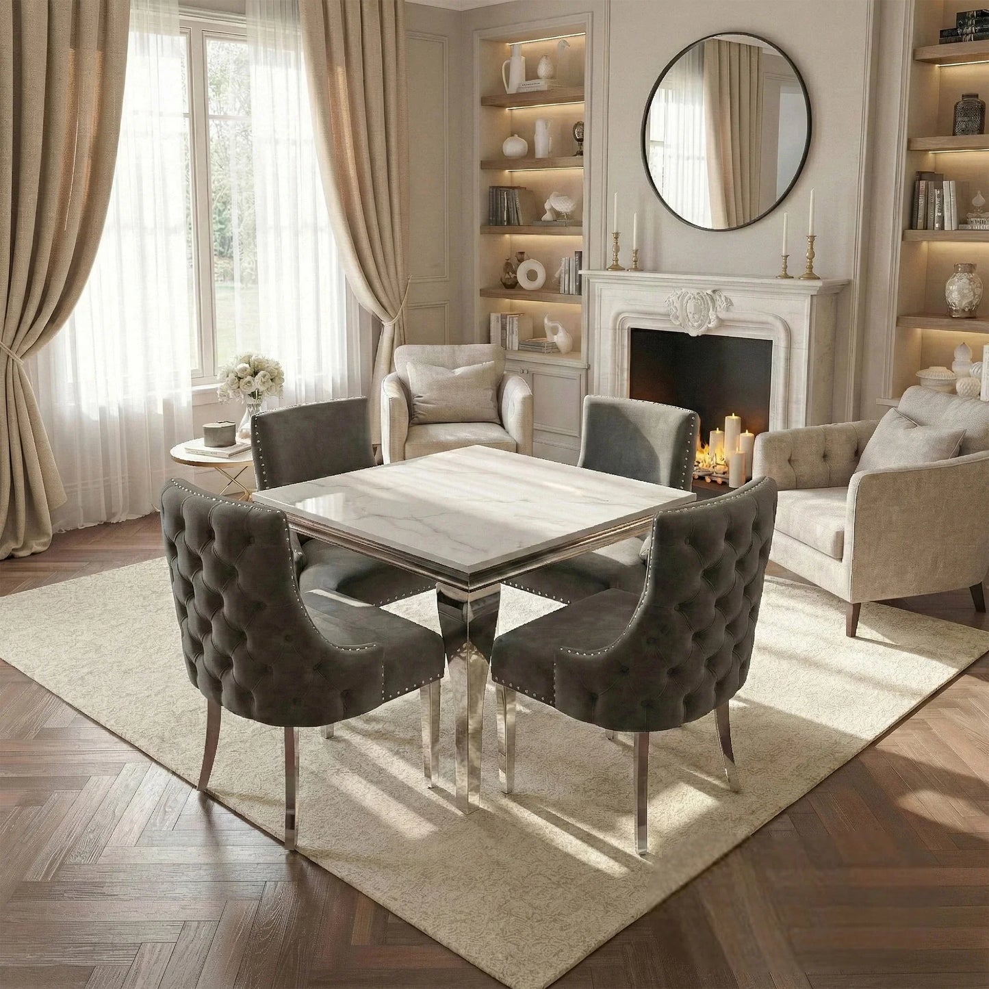 Luxury Lorens 1m Square Chrome Dining Set White Marble Table With 4 Oskar Dark Grey Velvet Chairs