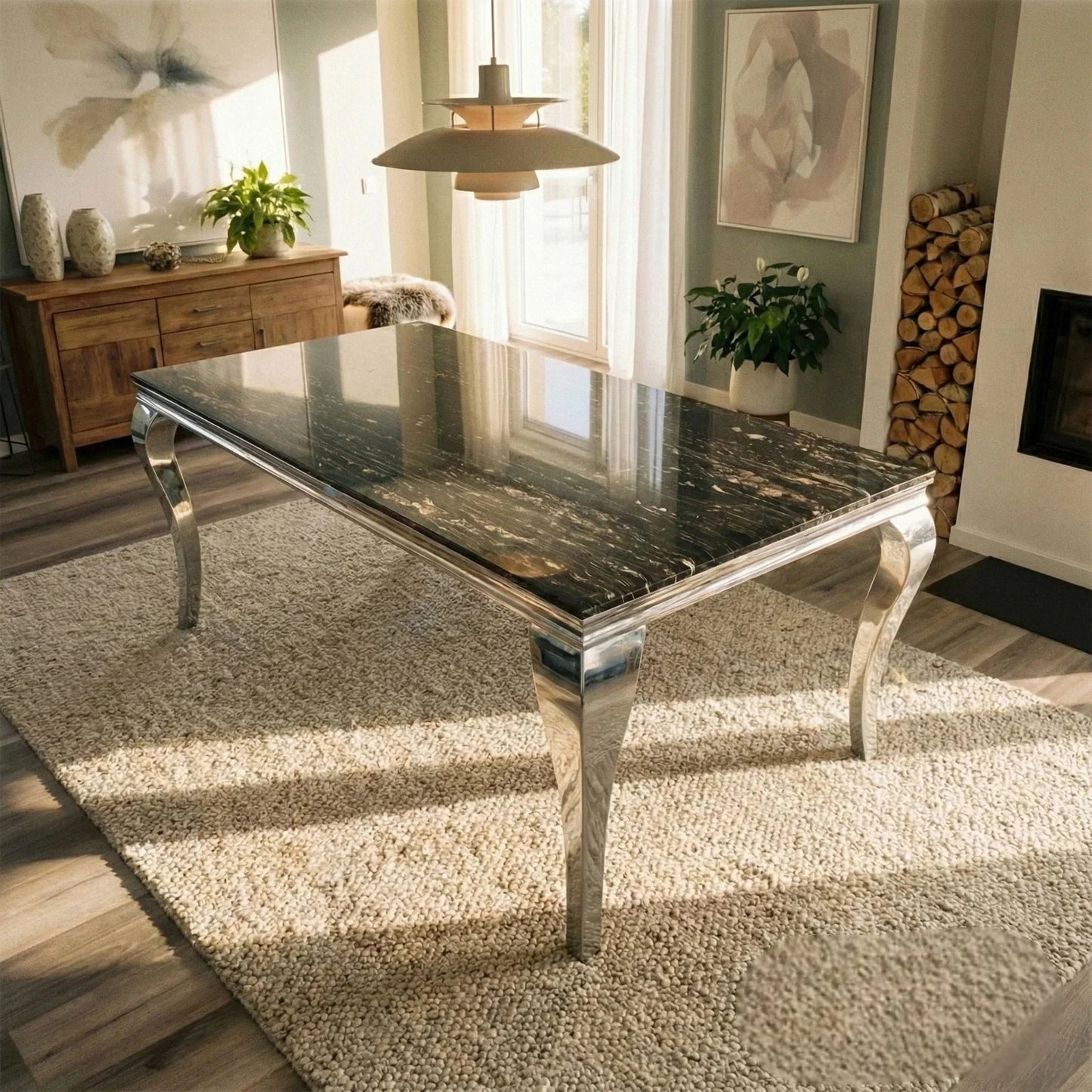 Luxury Lorens 200cm Marble Dining Table in Cream/Beige With Chrome 4-Leg Base