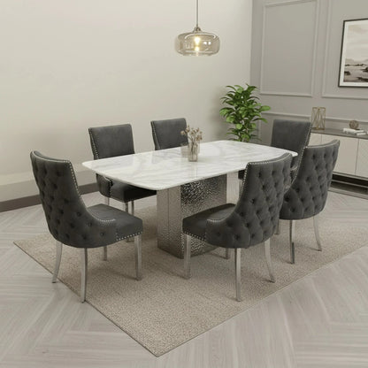 Luxury  Lucca 1.8m Slimline White Marble Dining Set Table With Oskar Dark Grey Velvet Chairs