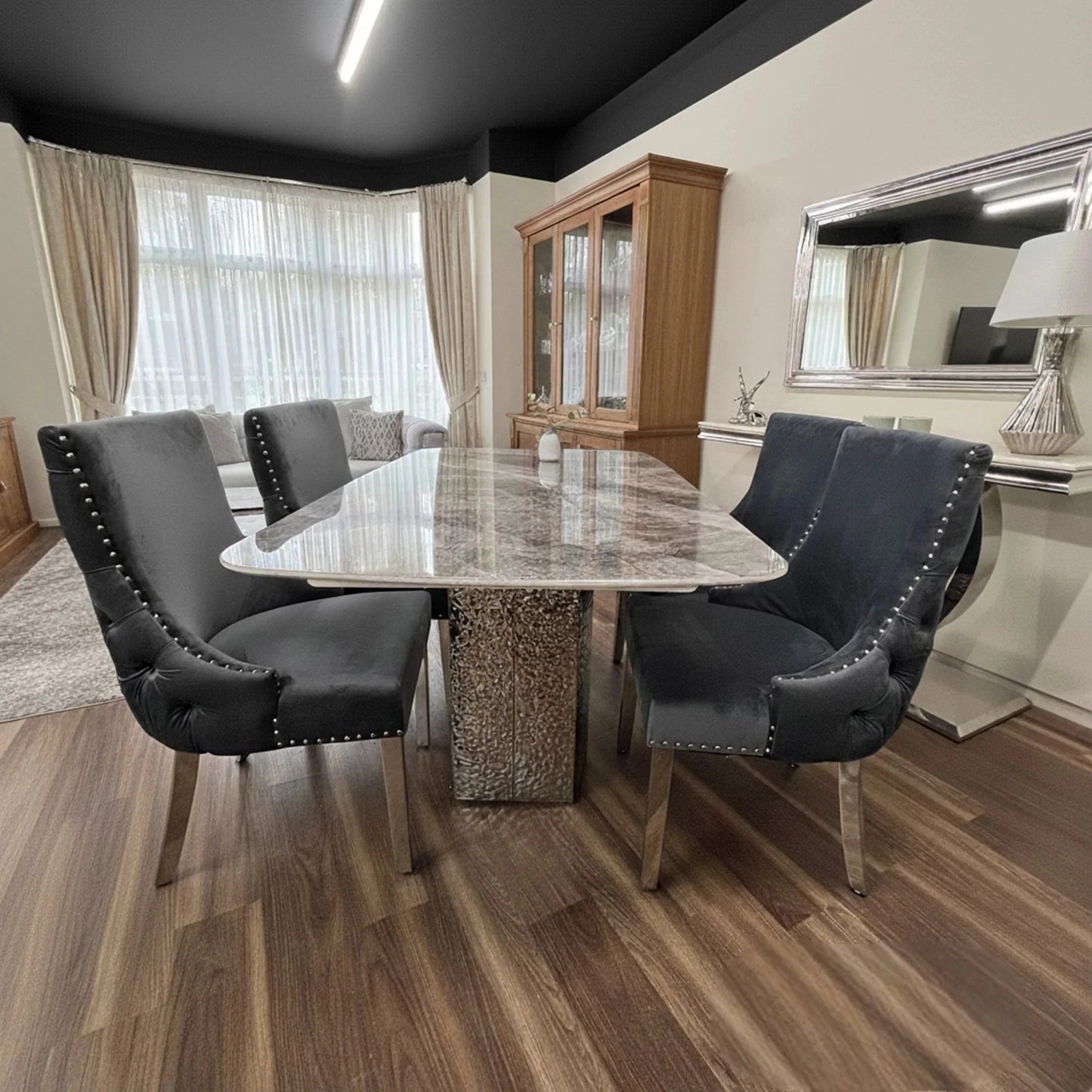 Luxury Lucca 180cm Grey Marble Dining Table With Hammered Metal Block Base