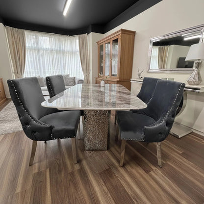 Luxury Lucca 180cm Grey Marble Dining Table With Hammered Metal Block Base